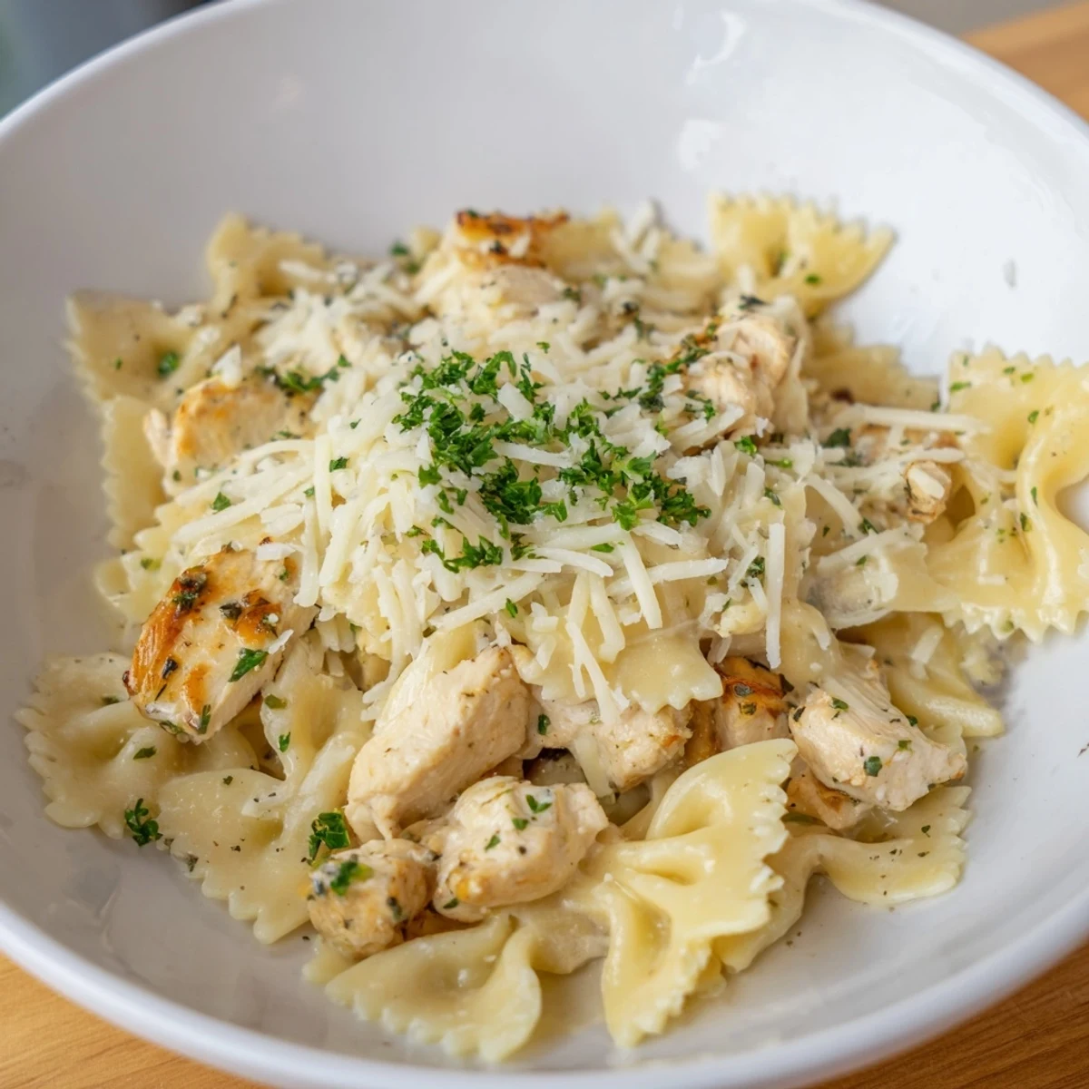 Perfectly cooked Mozzarella Garlic Butter Chicken Bowties, with golden chicken and rich, savory sauce.