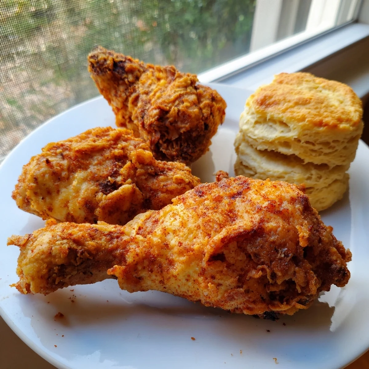 Golden-brown Southern fried chicken with flaky biscuits, a delicious family meal served on a plate.