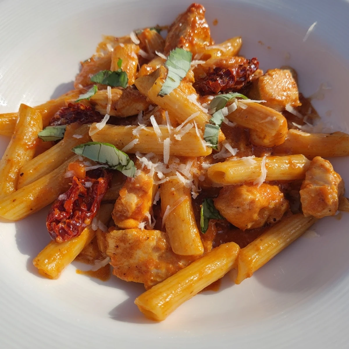 This Creamy Tomato Basil Chicken Pasta displays a vibrant red sauce clinging to tender chicken and penne pasta.