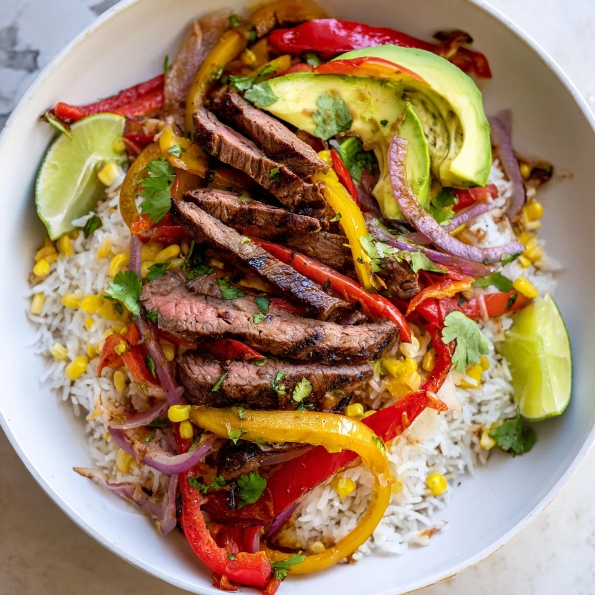 Smoky BBQ Steak Fajita Bowls with colorful peppers and cilantro, ready to eat.