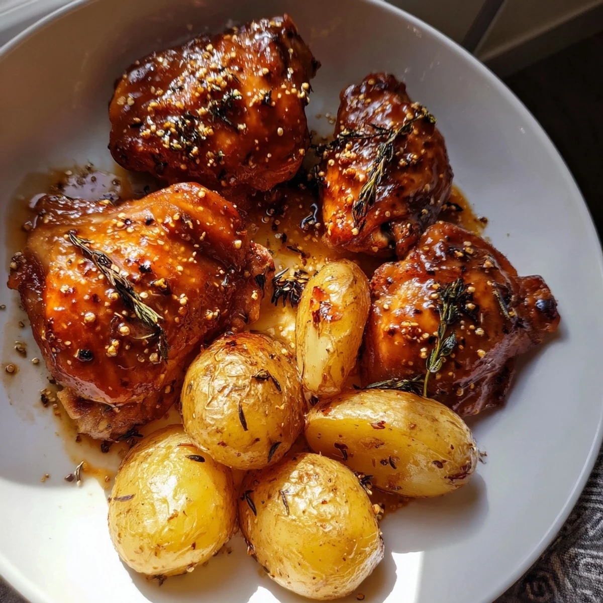 Golden brown Honey Mustard Chicken alongside crispy roasted potatoes in a baking pan, ready to serve.