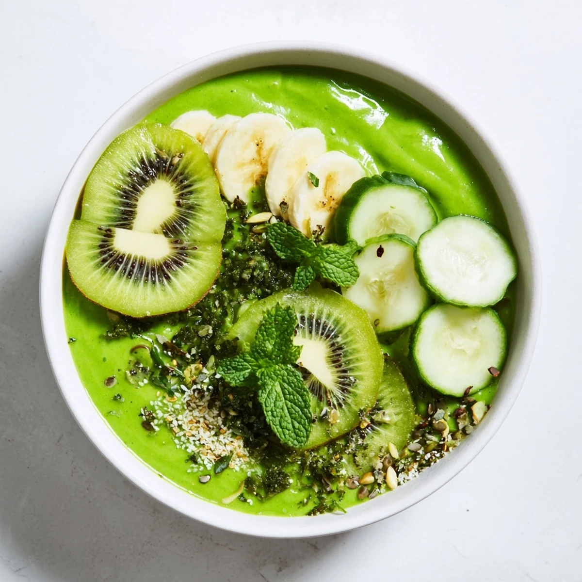 A creamy green smoothie bowl with kale, kiwi, and avocado, ready for a healthy breakfast.