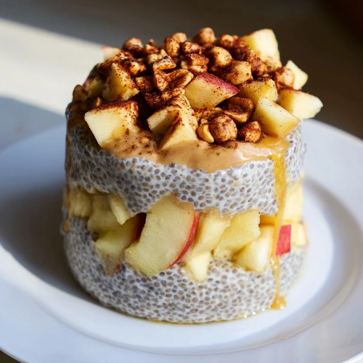 Creamy Apple-Chia Pudding with peanut butter swirled in, offering a healthy and delicious breakfast.