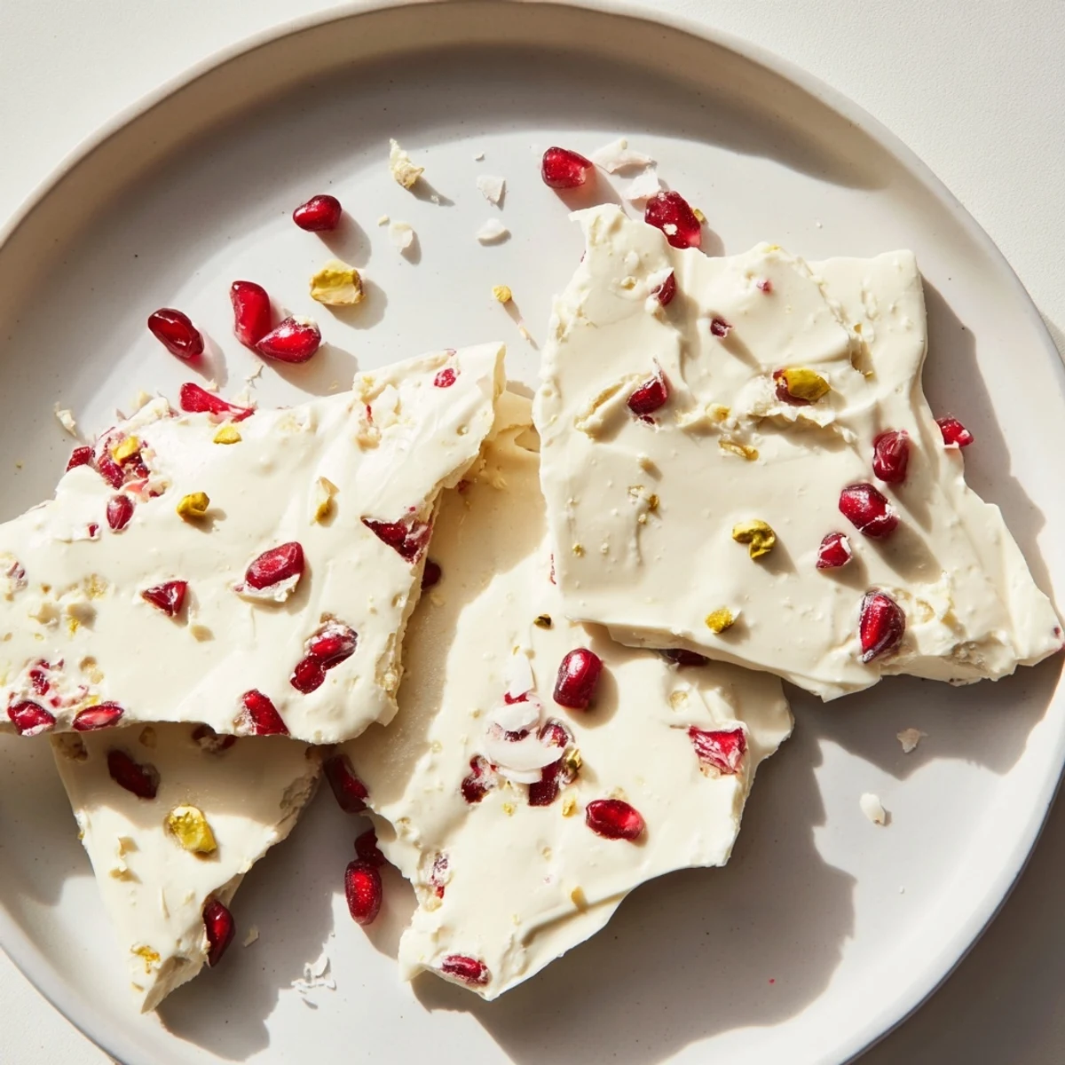 Colorful frozen yogurt bark with vibrant pomegranate and pistachio toppings, perfect for a refreshing treat.