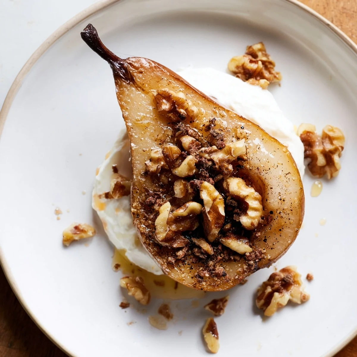 Close-up of baked roasted pears, finished with honey, crunchy walnuts, and Greek yogurt.