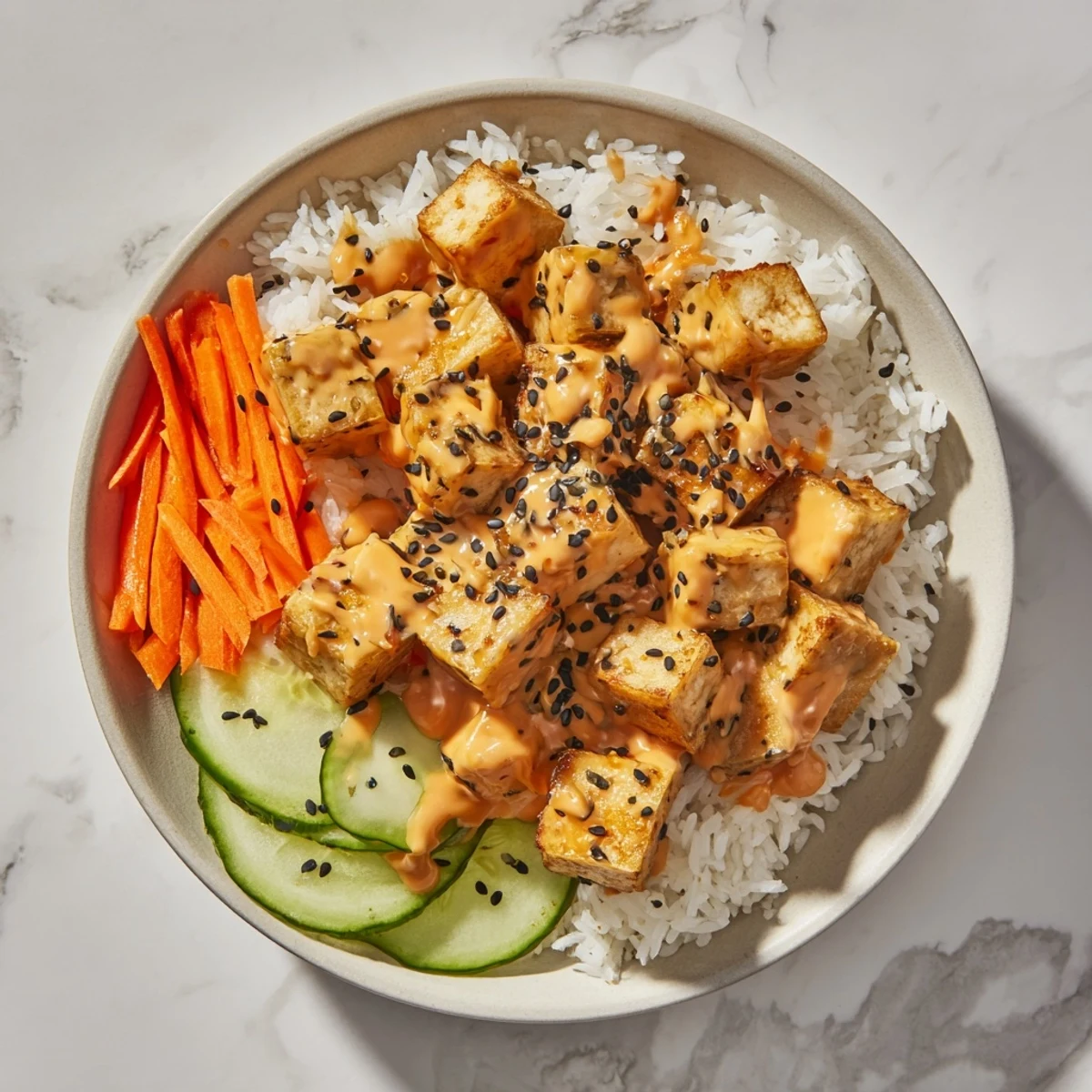 Golden, crispy Chili-Mayo Baked Tofu Bowls served over rice with colorful fresh vegetables.