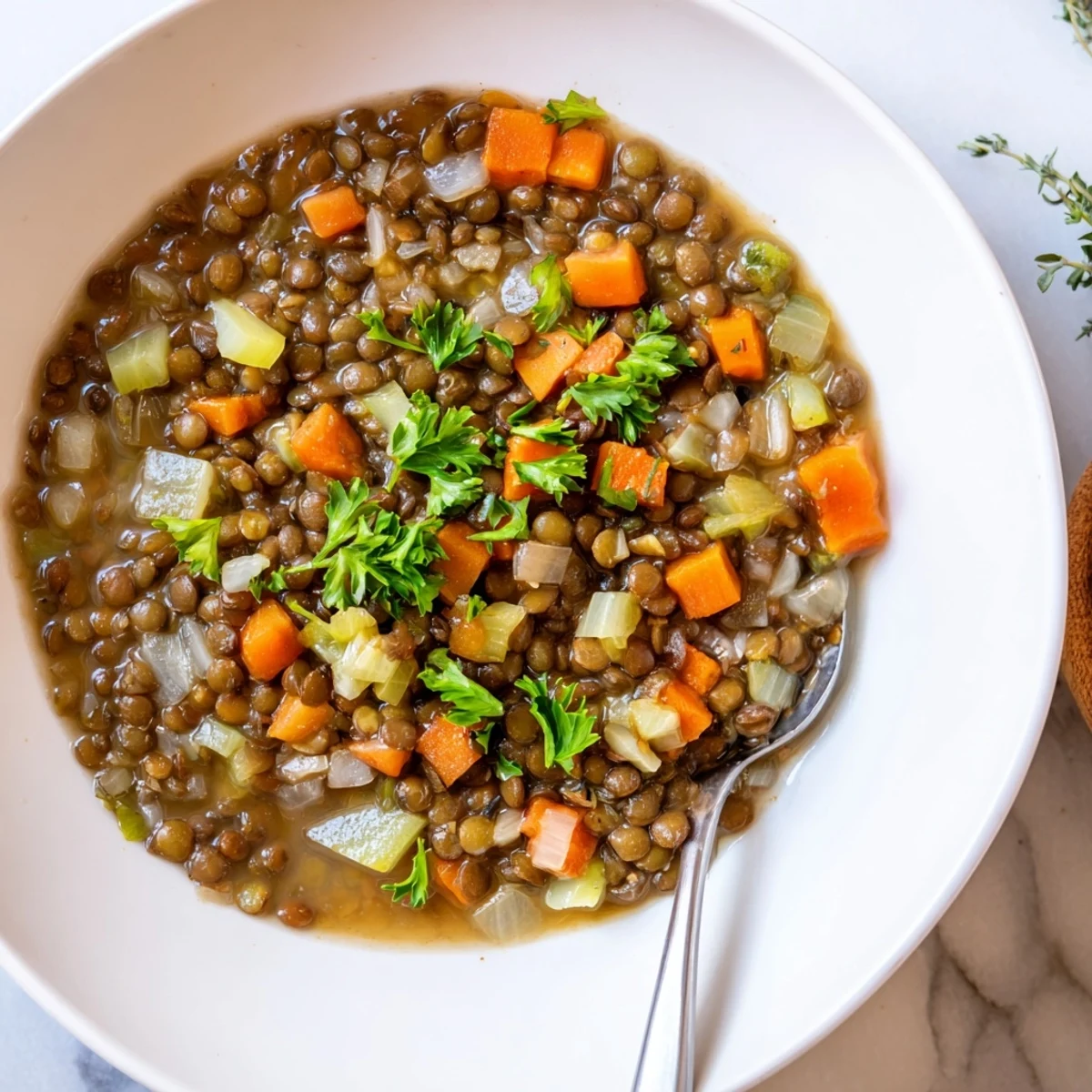 A vibrant close-up reveals the hearty Lentil Soup, a comforting blend of vegetables and lentils.