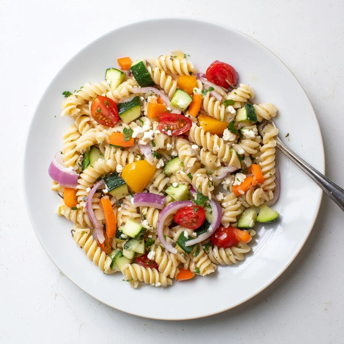 Pasta Salad with Seasonal Veggies drizzled with zesty dressing, a colorful, refreshing vegetarian dish.