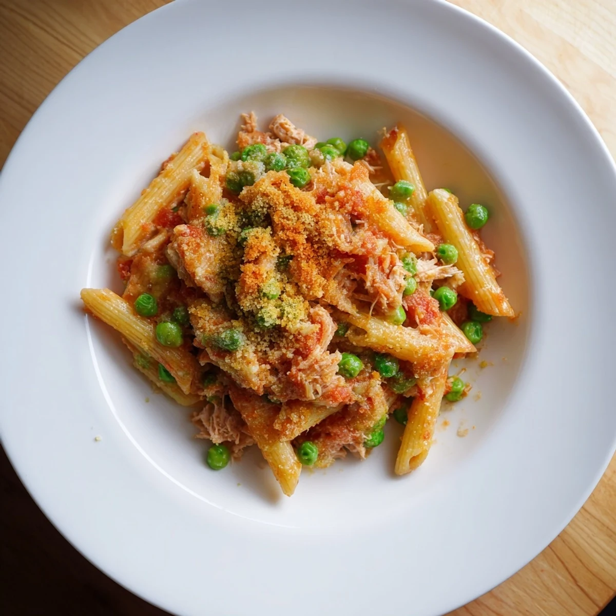 Golden-brown Tuna Pasta Bake, a comforting casserole with melted cheese and bubbling tomato sauce.