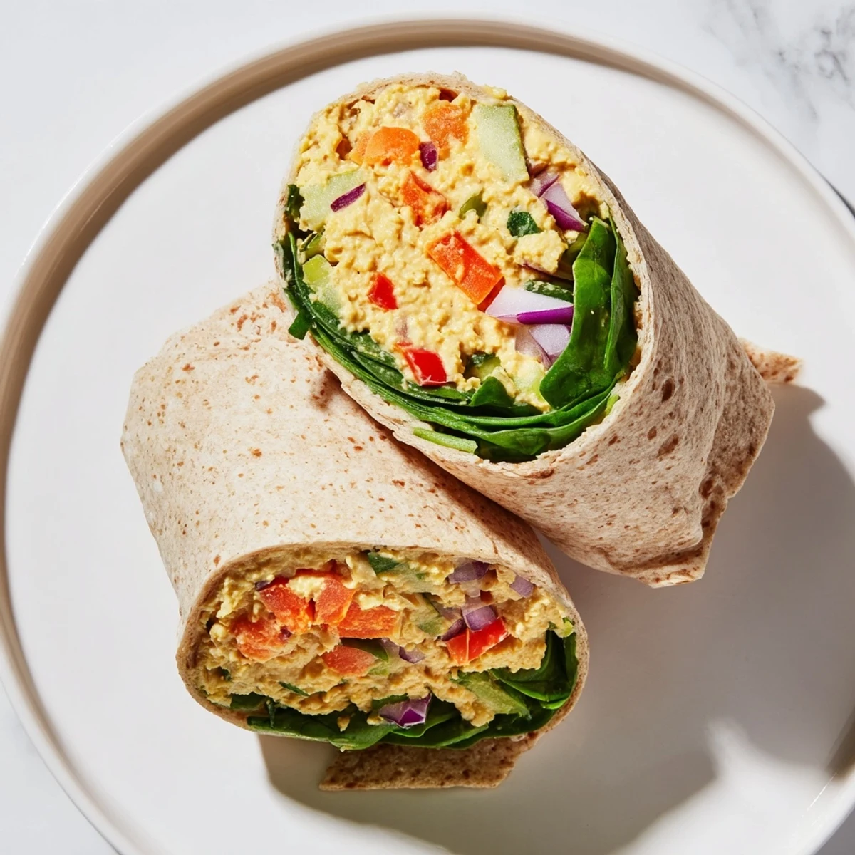 Creamy chickpea salad wraps bursting with colorful veggies, ideal for a quick, healthy lunch.