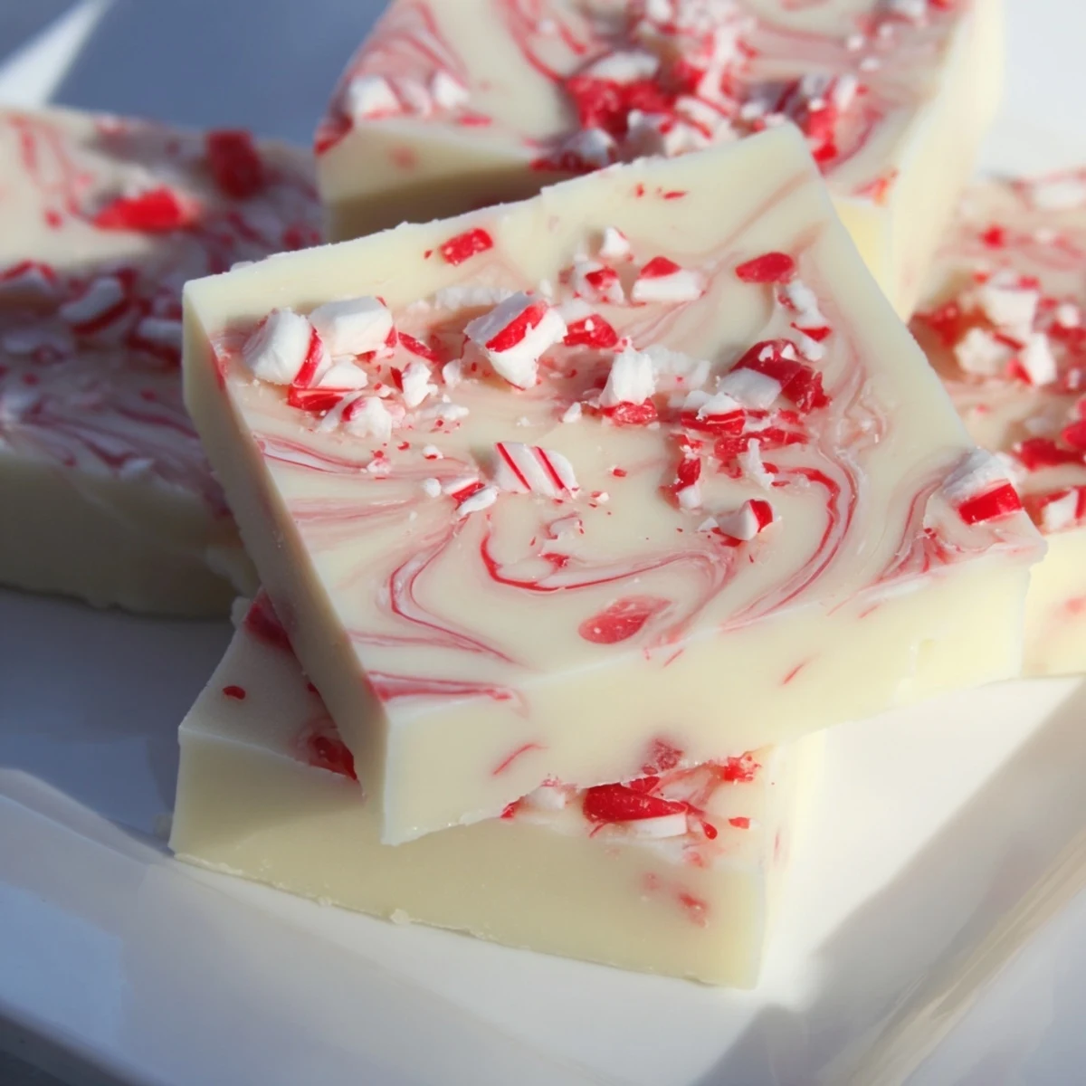 Square of White Chocolate Peppermint Bark Fudge with crushed candy canes, ready to enjoy.