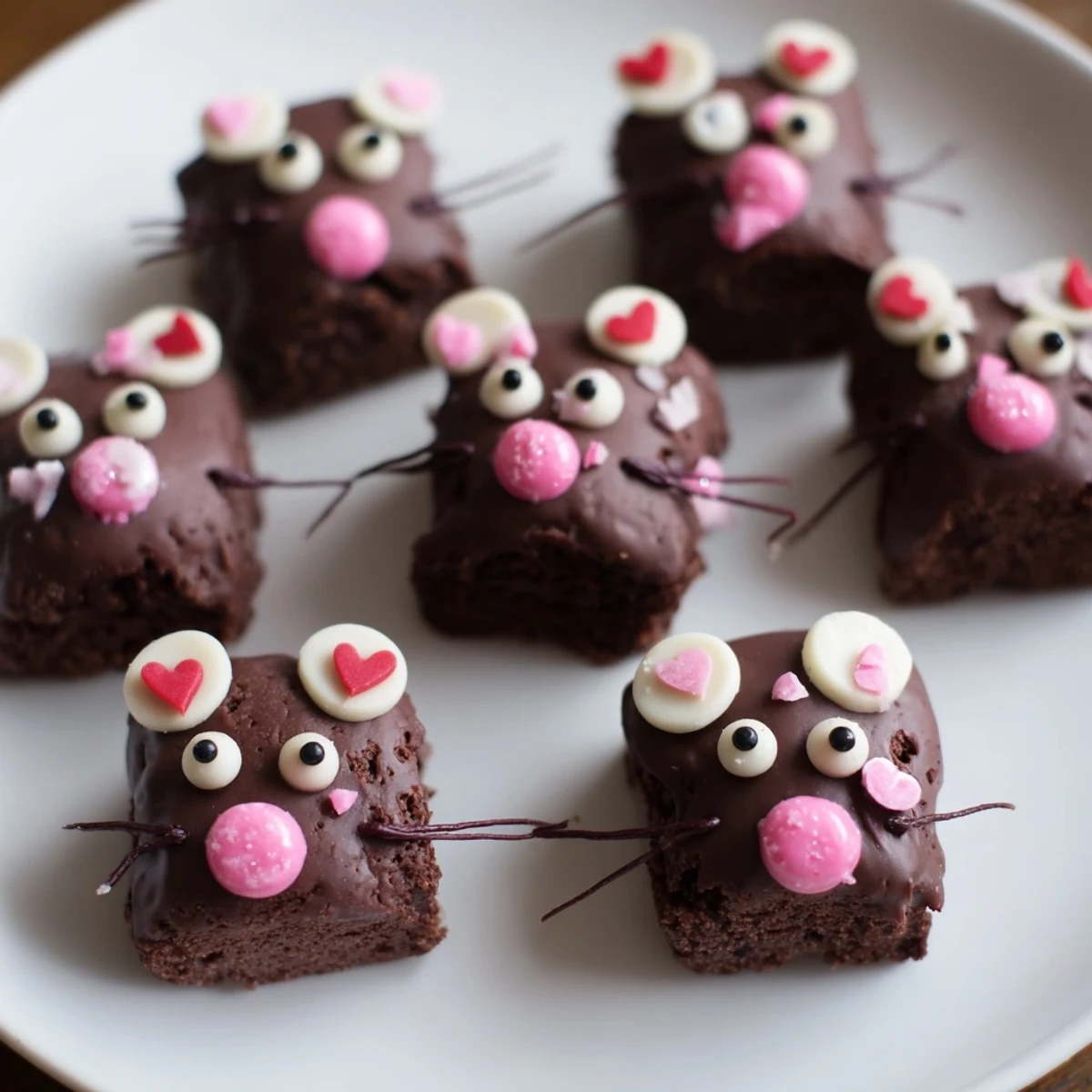 Furry, adorable Silly Rat Cake Brownie Bites sit on a plate, fudgy and perfect for Halloween.