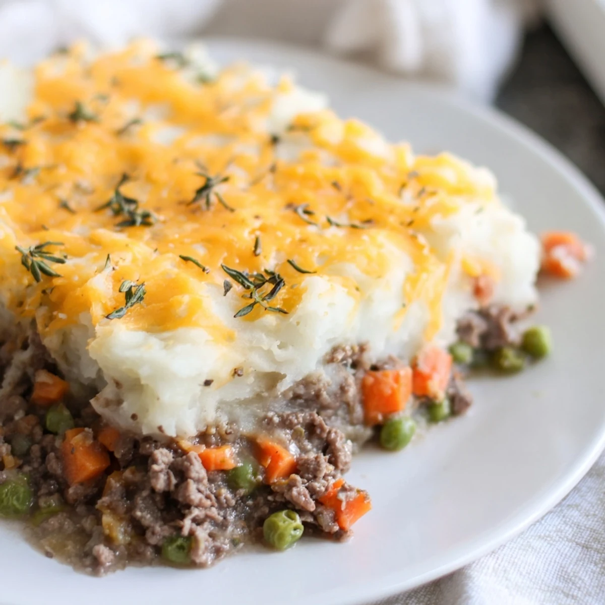 Hearty Budget Shepherds Pie with bubbling beef filling, topped with creamy, melty cheese and potatoes.