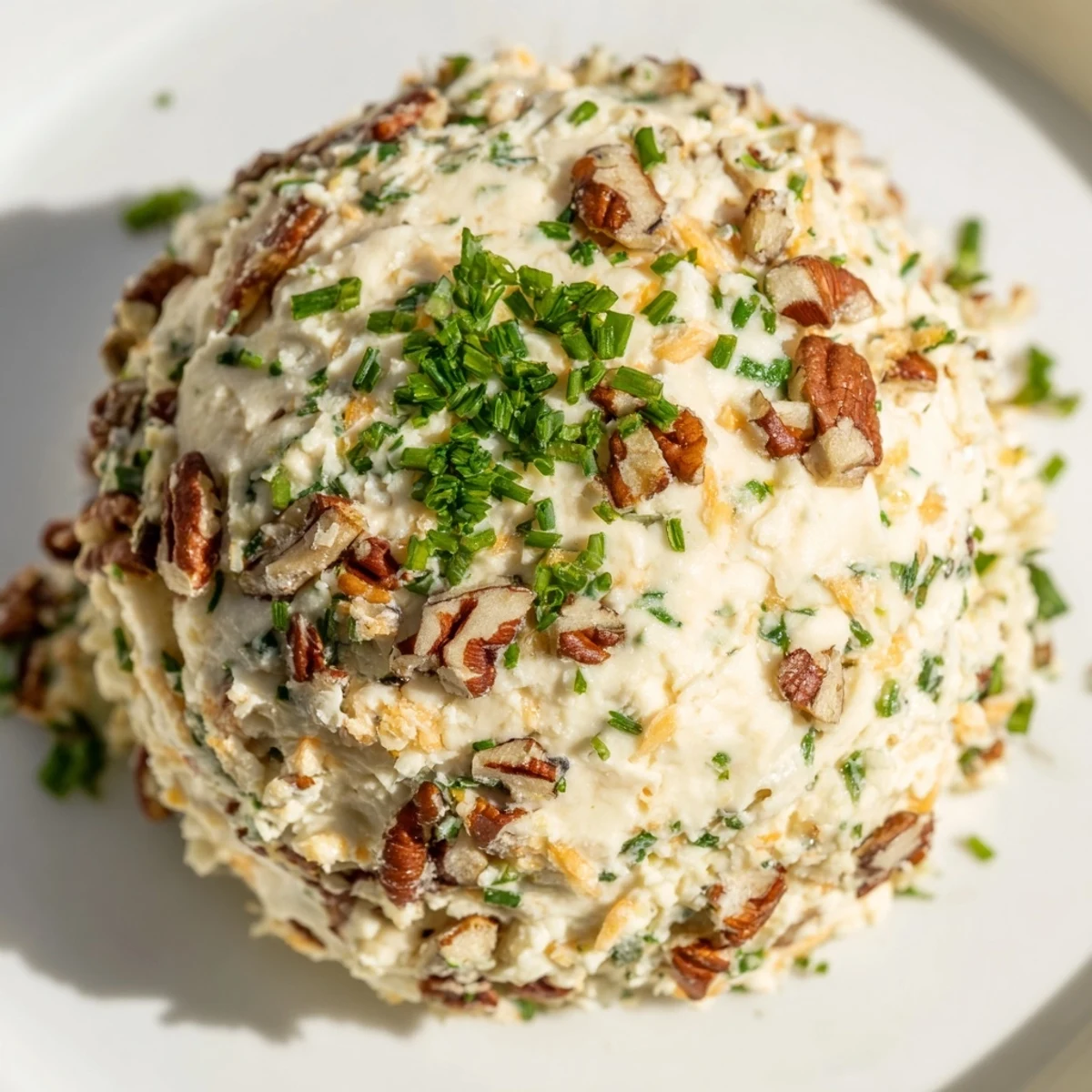 Creamy, savory Classic Cheese Ball with Ranch seasoning, rolled in toasted pecans, ready to serve with crackers.