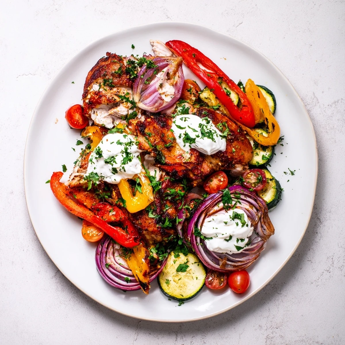 A close-up of sheet pan chicken shawarma: a delicious Middle Eastern feast with fresh herbs and yogurt.