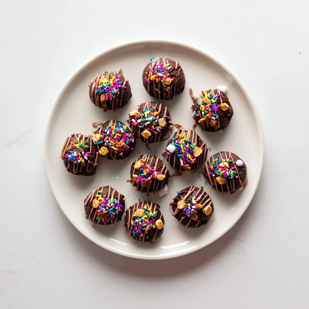 Fudgy Chaos Chocolate Cake Bites boasting a delightful mix of sprinkles and chopped nuts, ready to eat.