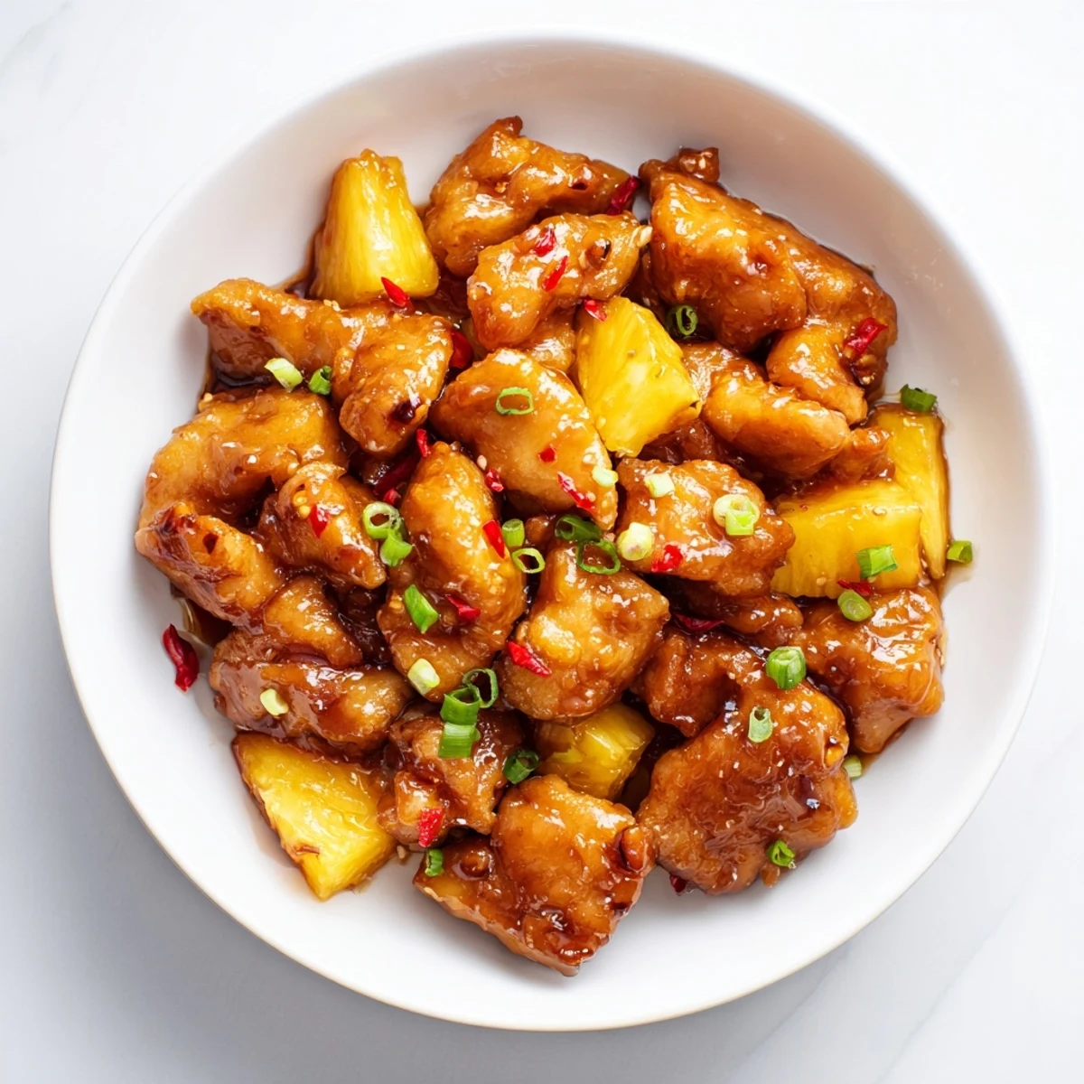 Golden brown sugar pineapple chicken, glistening with a savory glaze and pineapple chunks, perfectly baked.