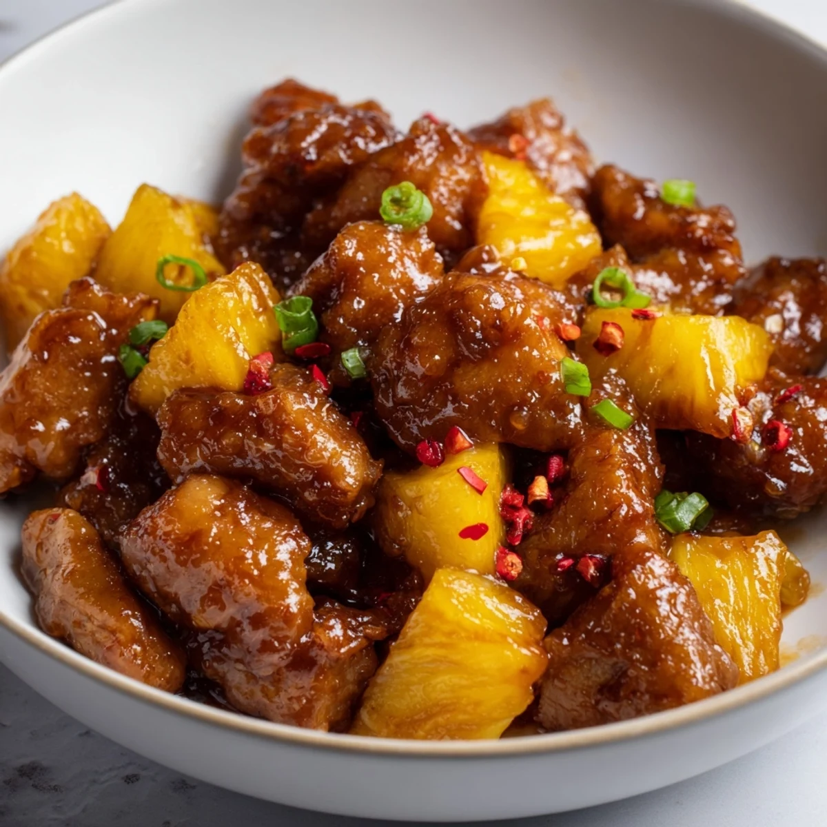 Tender pieces of brown sugar pineapple chicken with a sweet and tangy glaze, ready to serve with rice.