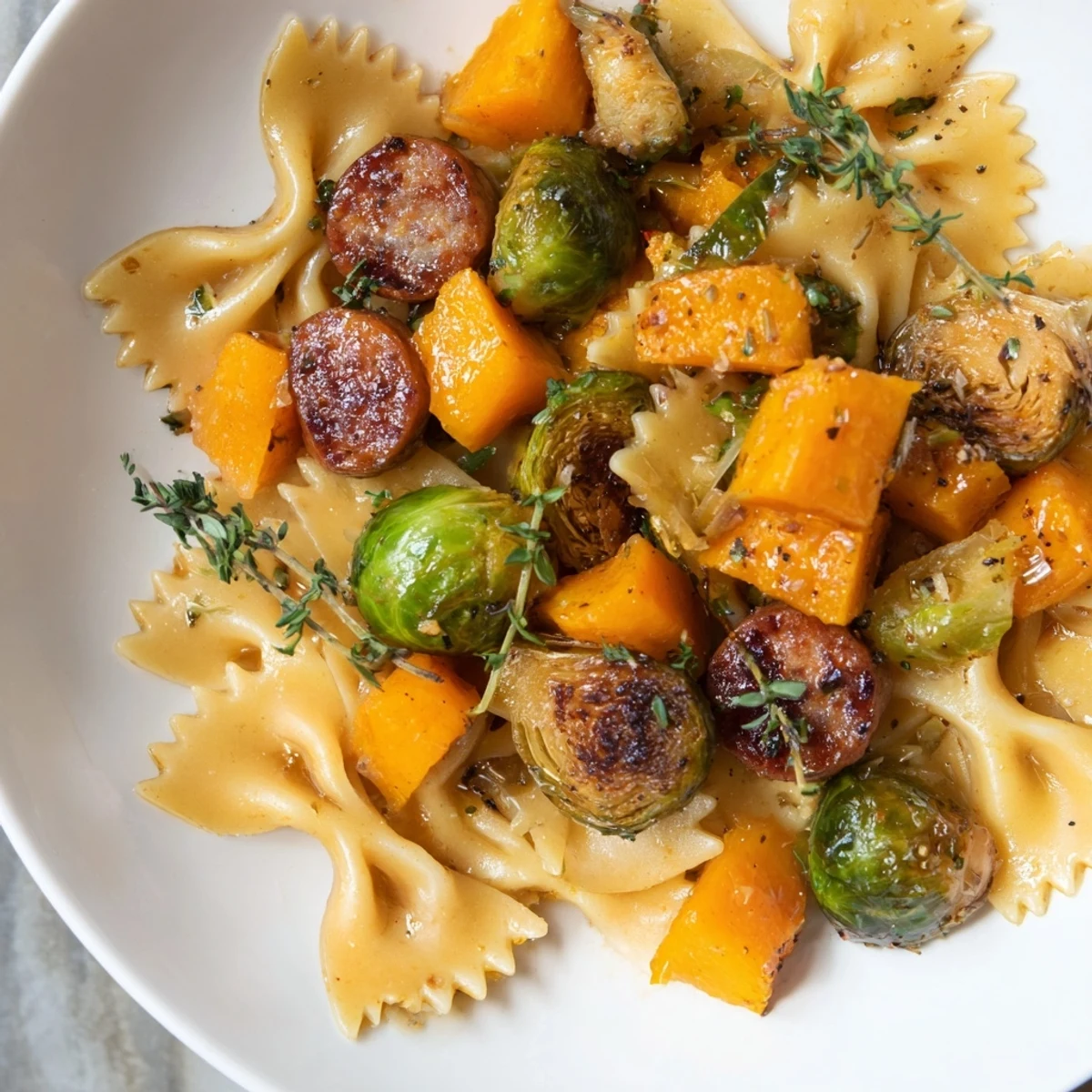 A comforting close-up showcases vibrant Autumn Sausage Pasta Squash, ready to serve with fresh thyme.
