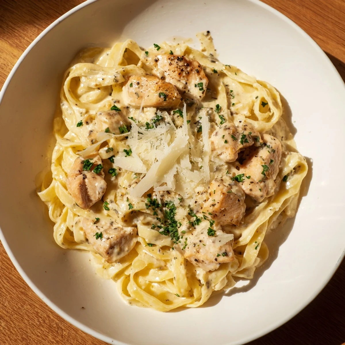 A bowl of Cowboy Butter Chicken Pasta featuring flavorful chicken, creamy sauce, and fresh parsley garnish.