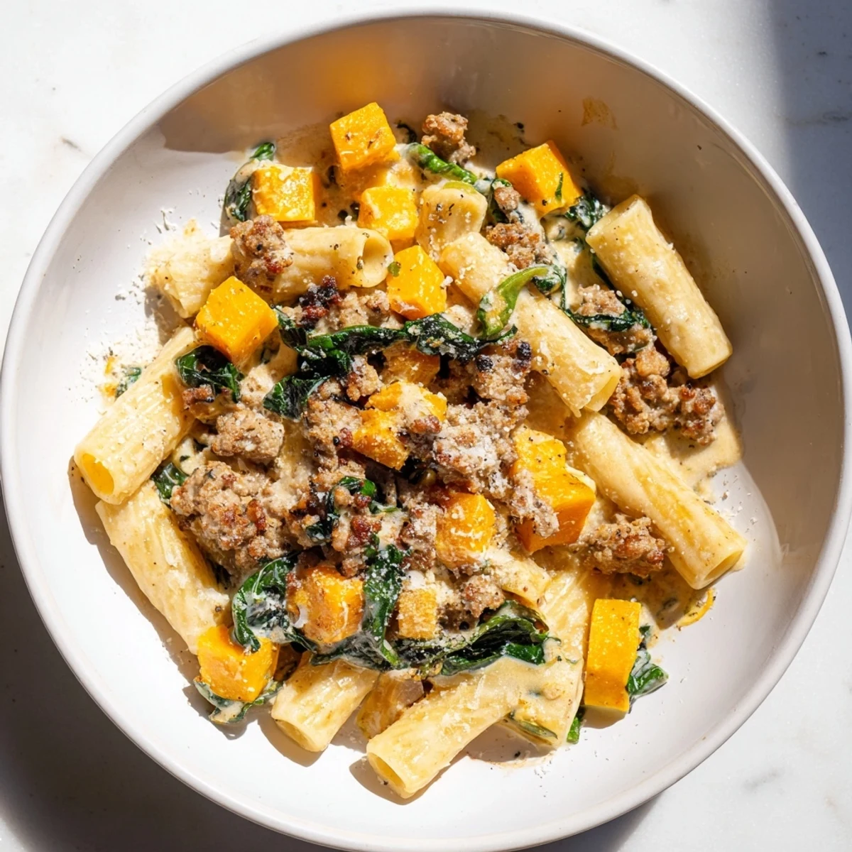 Creamy Rigatoni with Butternut Squash, a hearty pasta dish with visible sausage and Parmesan.
