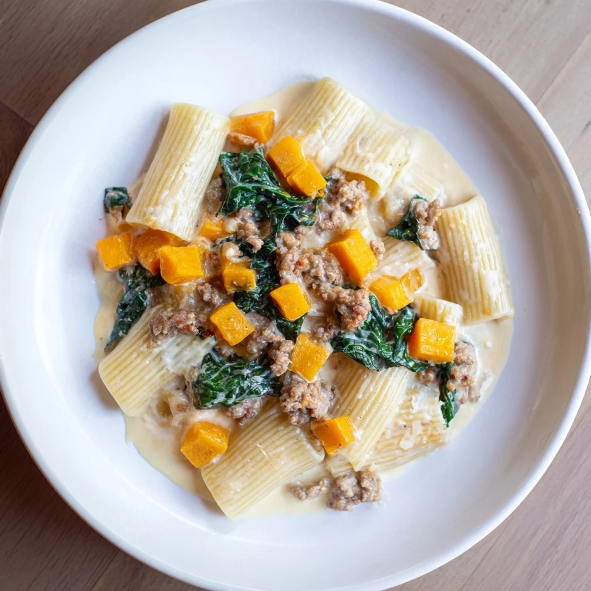 Spoonful of Creamy Rigatoni with Butternut Squash, a vibrant Italian meal ready to eat.