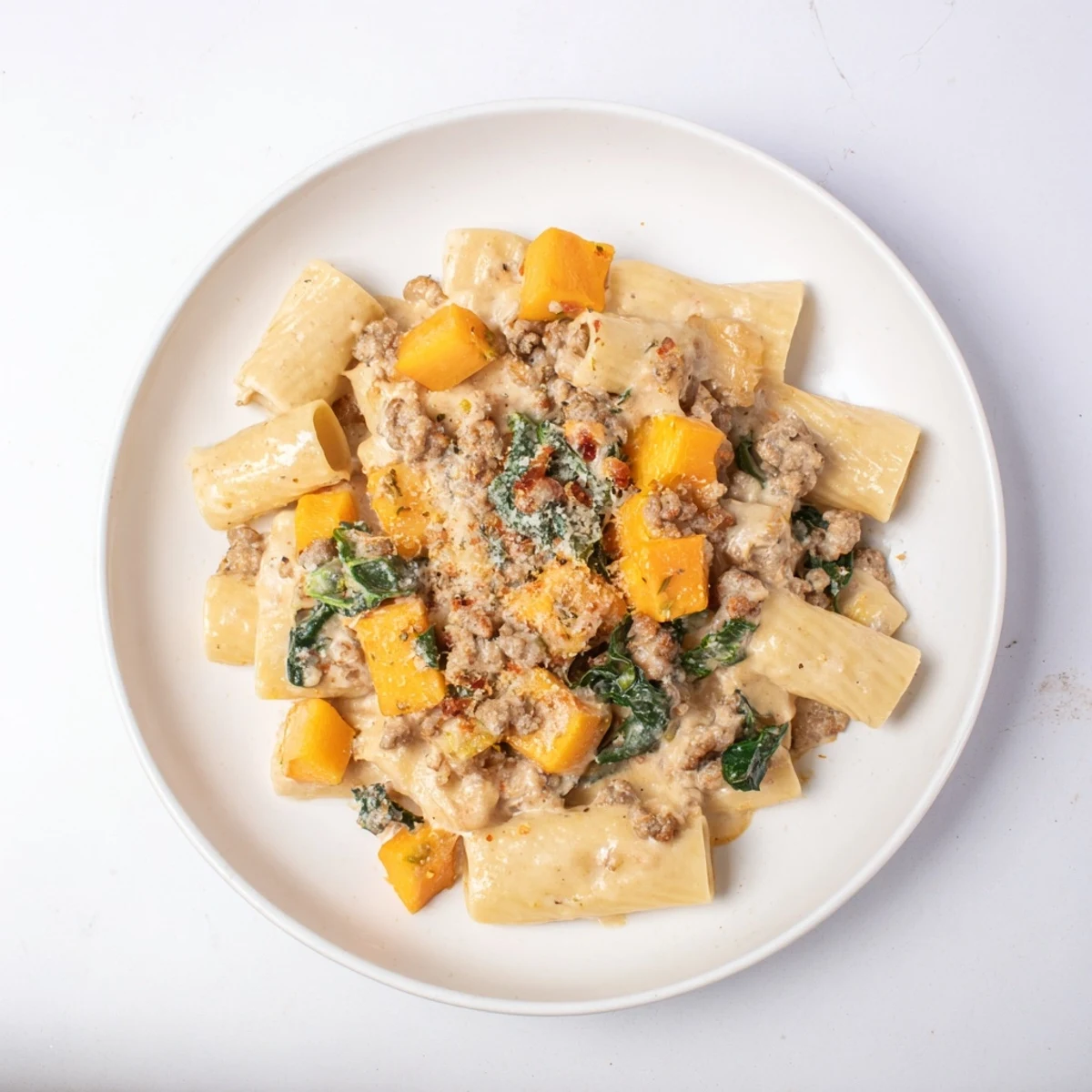 Close-up of Creamy Rigatoni and Butternut Squash with a creamy sauce, garnished with cheese.