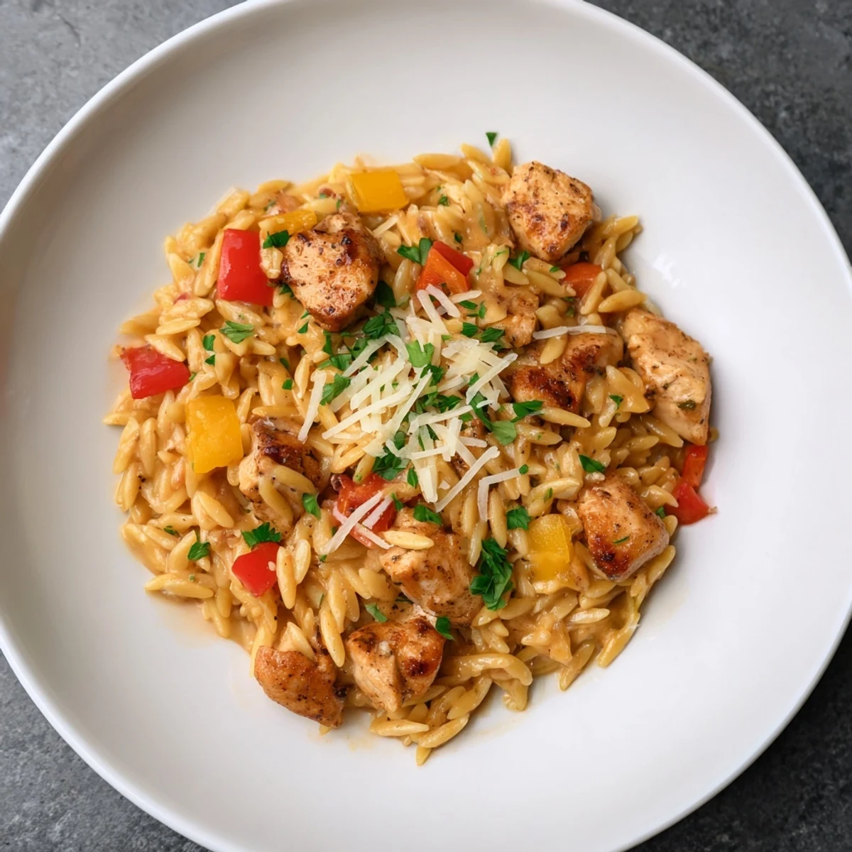 Tender chicken and creamy sauce combine in this visual of One-Pot Cajun Chicken Alfredo Orzo.