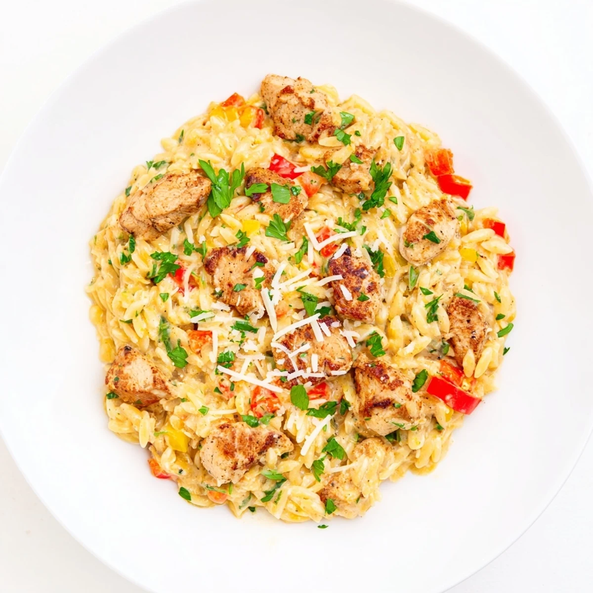 This image presents the finished One-Pot Cajun Chicken Alfredo Orzo, a flavorful and aromatic dish.