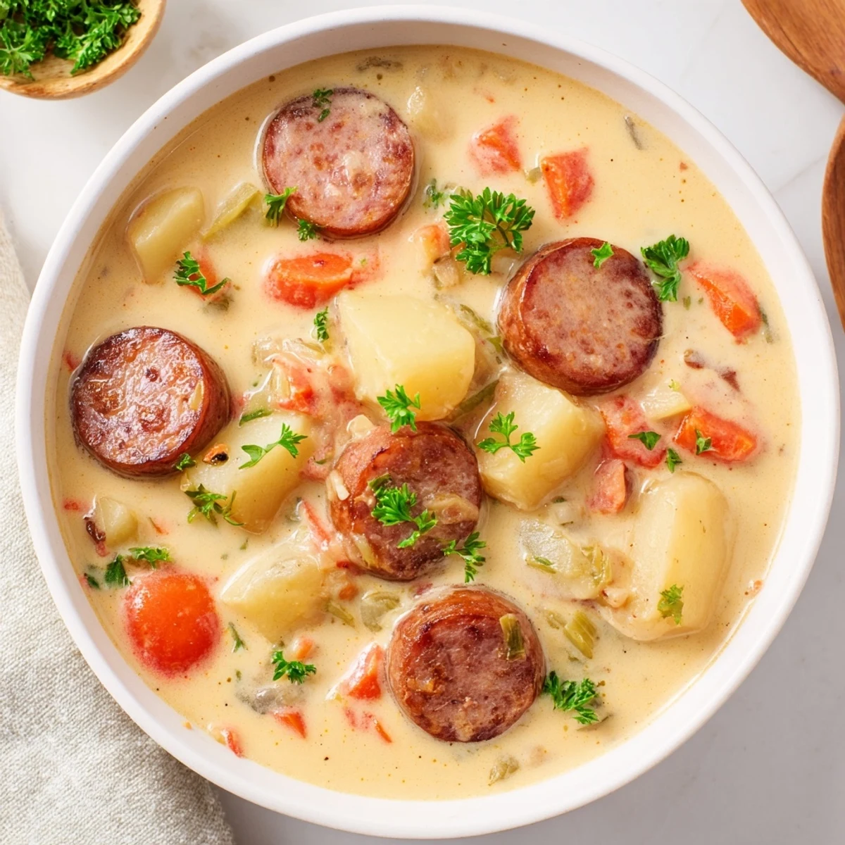 A steaming bowl of Creamy Chorizo Potato Soup, garnished with fresh parsley, ready to eat.