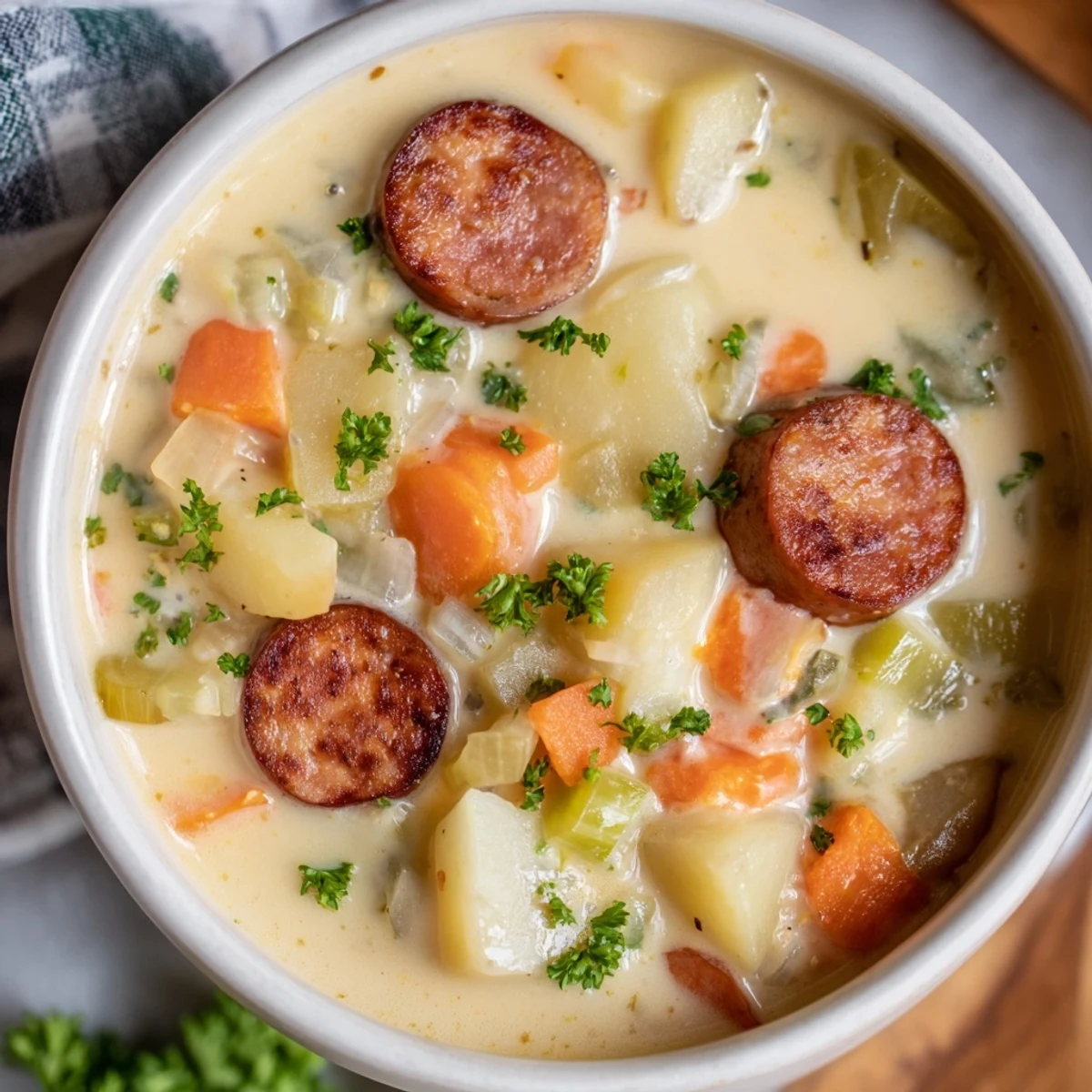 Delicious spoonful of Creamy Chorizo Potato Soup, offering a rich, comforting, and flavorful experience.