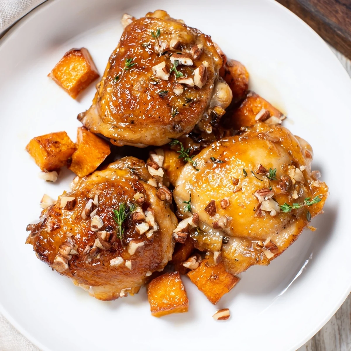 A close-up of glistening maple glazed chicken, roasted with sweet potatoes, perfect for a family dinner.