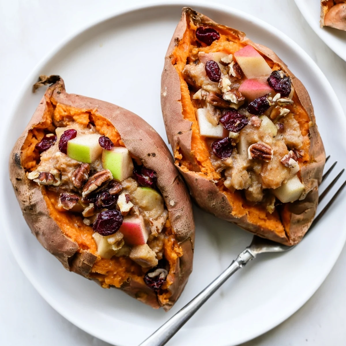 Golden-brown, steaming Cranberry Apple Twice-Baked Sweet Potatoes, a comforting side dish for fall.