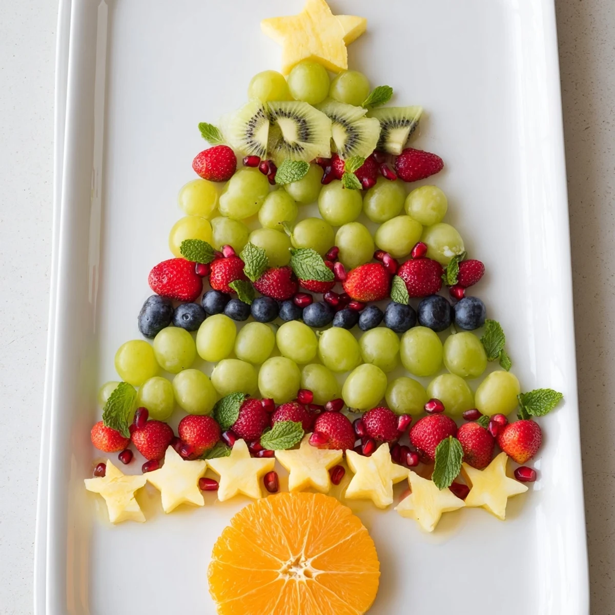 Beautifully arranged Quick Christmas Tree Fruit Platter with juicy fruit, ready to dazzle, is great for a party.
