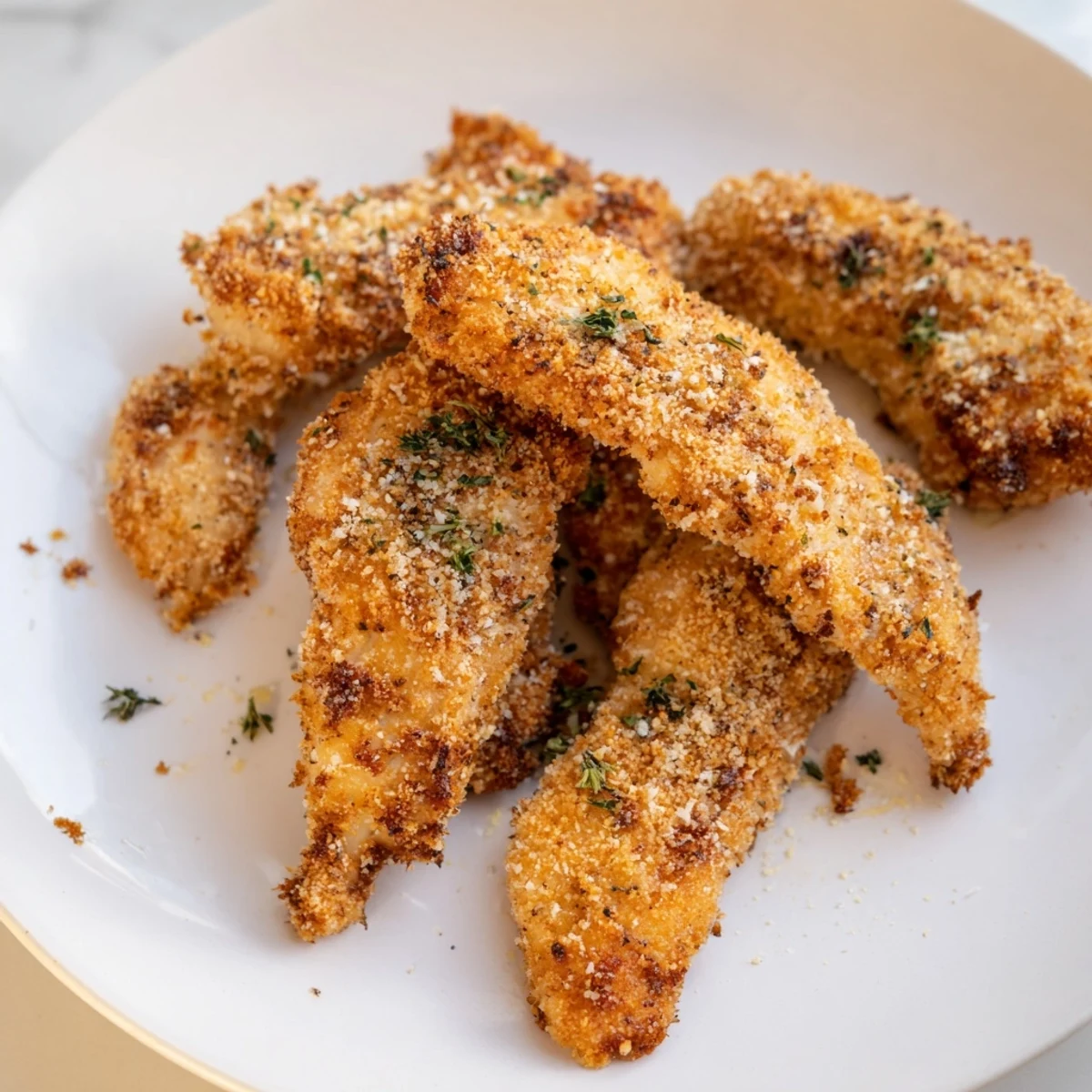 Golden air fryer festive chicken tenders, ready to be dipped and enjoyed with family at gatherings.