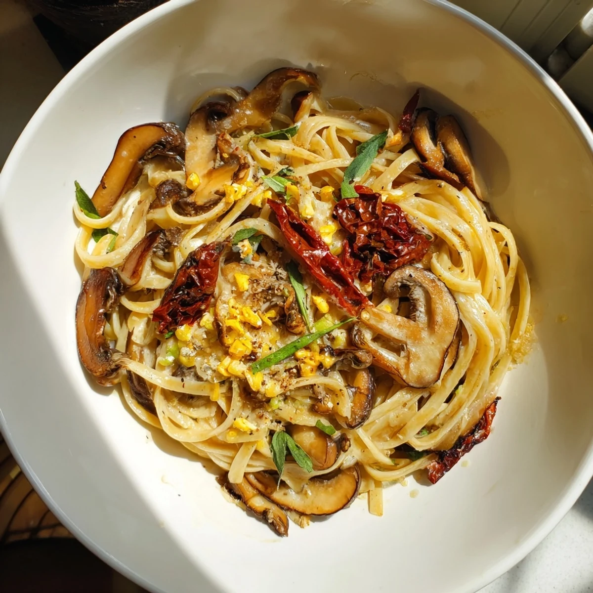 Vegan Marry Me Mushroom Pasta, a creamy Italian dish served with fresh basil and vegan Parmesan.