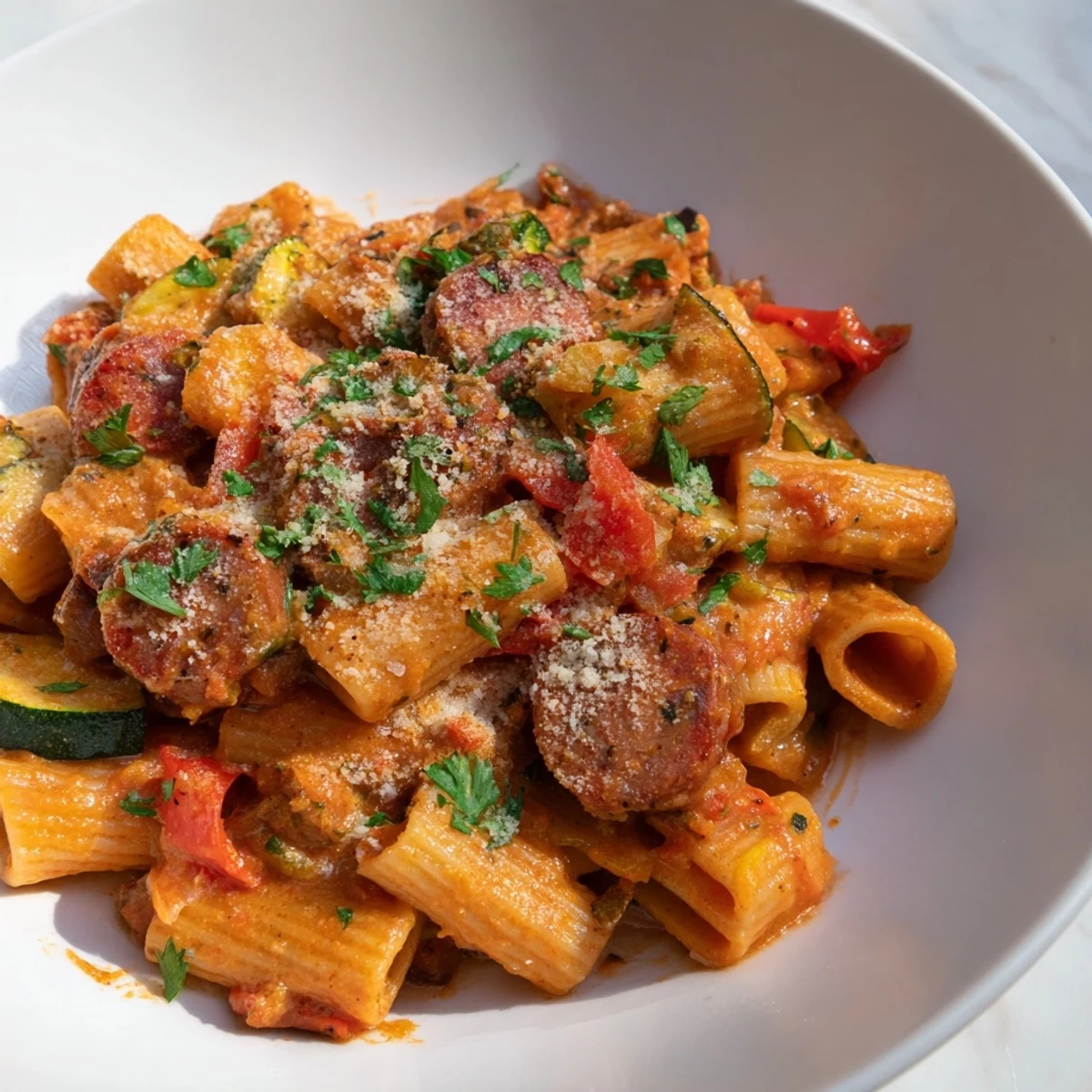 Hearty Spicy Vegan Chorizo Baked Pasta with a creamy tomato sauce, perfect for a flavorful vegan meal.