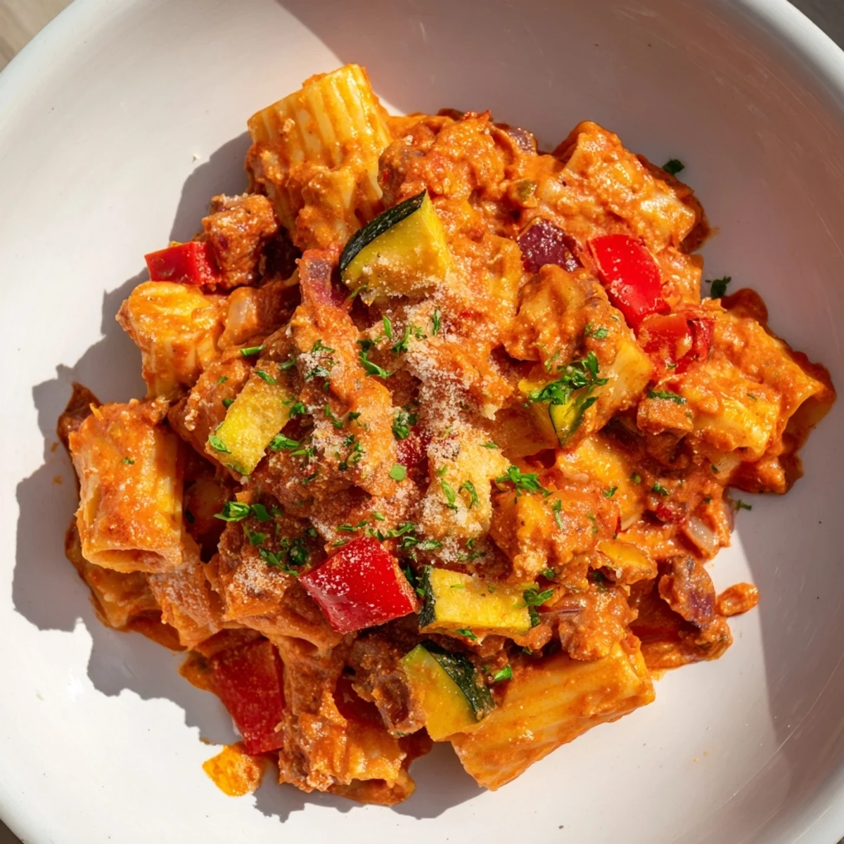 Golden and bubbly Spicy Vegan Chorizo Baked Pasta, a comforting vegan dinner, ready to eat.