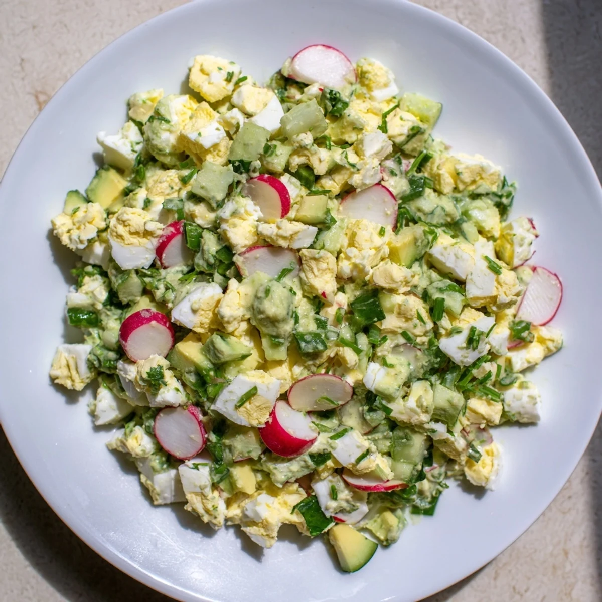 Close-up of Green Goddess Chopped Egg Salad, showcasing vibrant vegetables and creamy dressing, ready to eat.