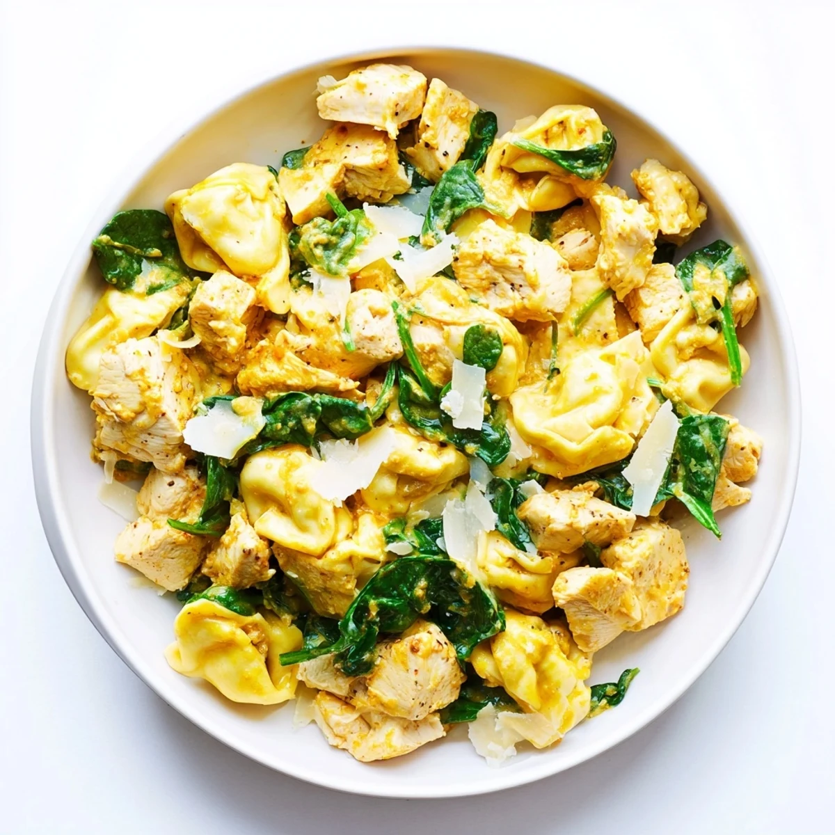 Creamy Chicken and Spinach Tortellini, a vibrant pasta dish with golden chicken and wilted spinach.