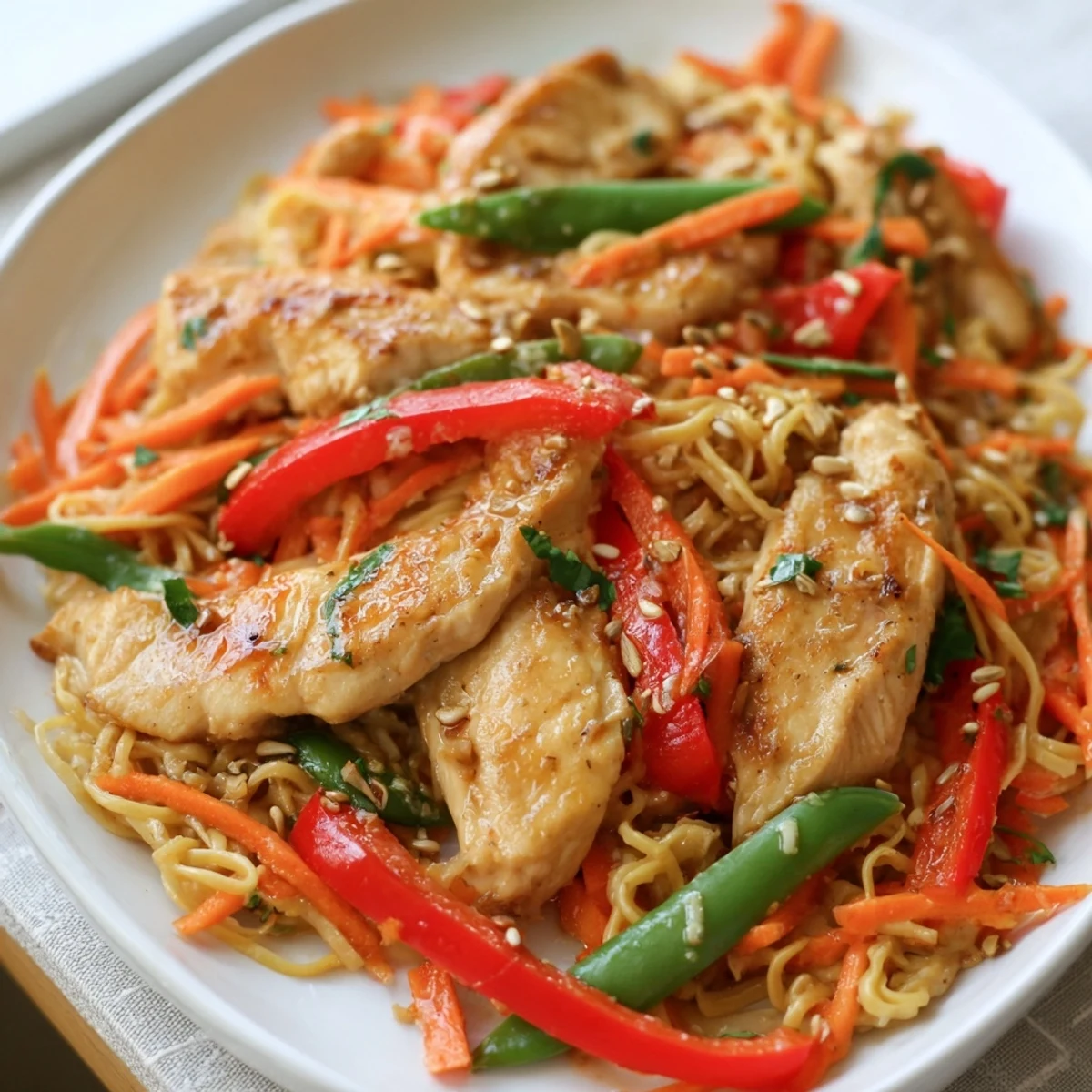 Close-up of the delicious Lemon-Garlic Chicken Stir Fry with Noodles, showcasing tender chicken and vibrant veggies.