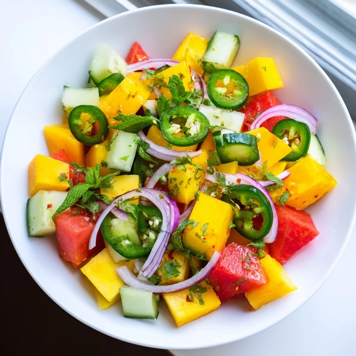 Vibrant Cucumber and Watermelon Hot Girl Salad: a refreshing, summer salad with feta and lime dressing.