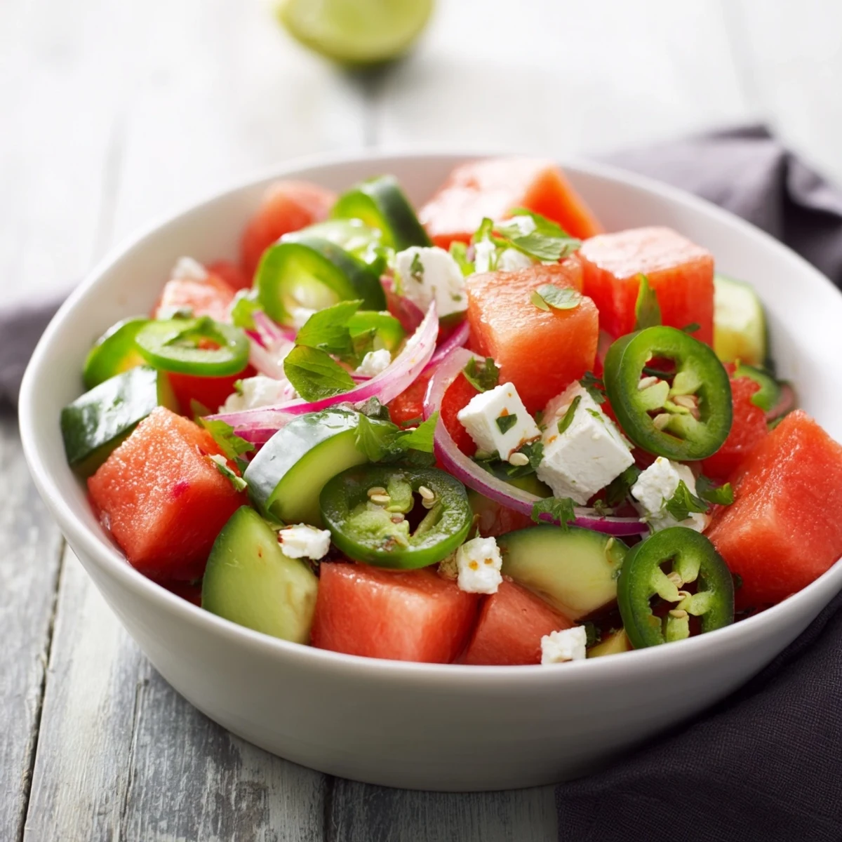 Enjoy a bowl of this delicious Cucumber and Watermelon Hot Girl Salad loaded with feta and herbs.