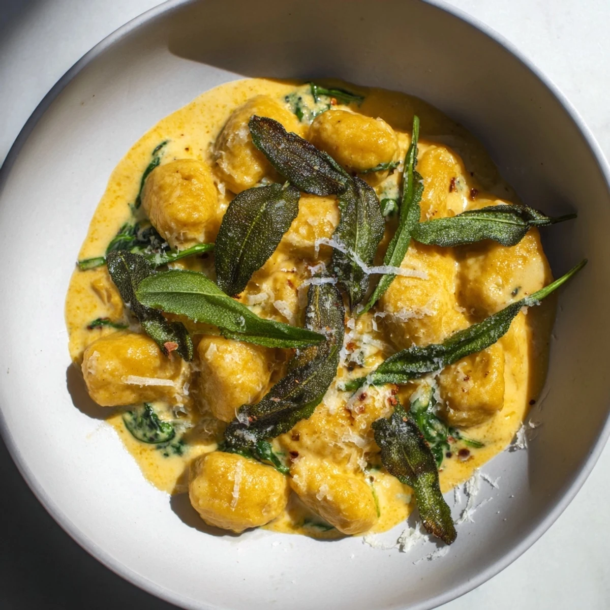 Golden One-Pot Creamy Pumpkin Sage Gnocchi Pasta, ready to serve with crispy sage and extra Parmesan.
