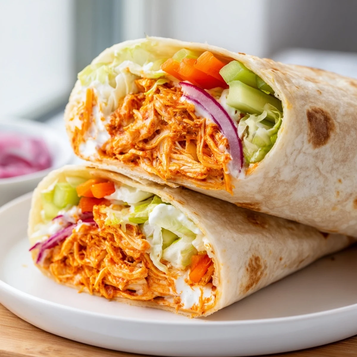 Golden-brown air fryer Buffalo Turkey Christmas Wraps, filled with spicy turkey and fresh vegetables, ready to eat.