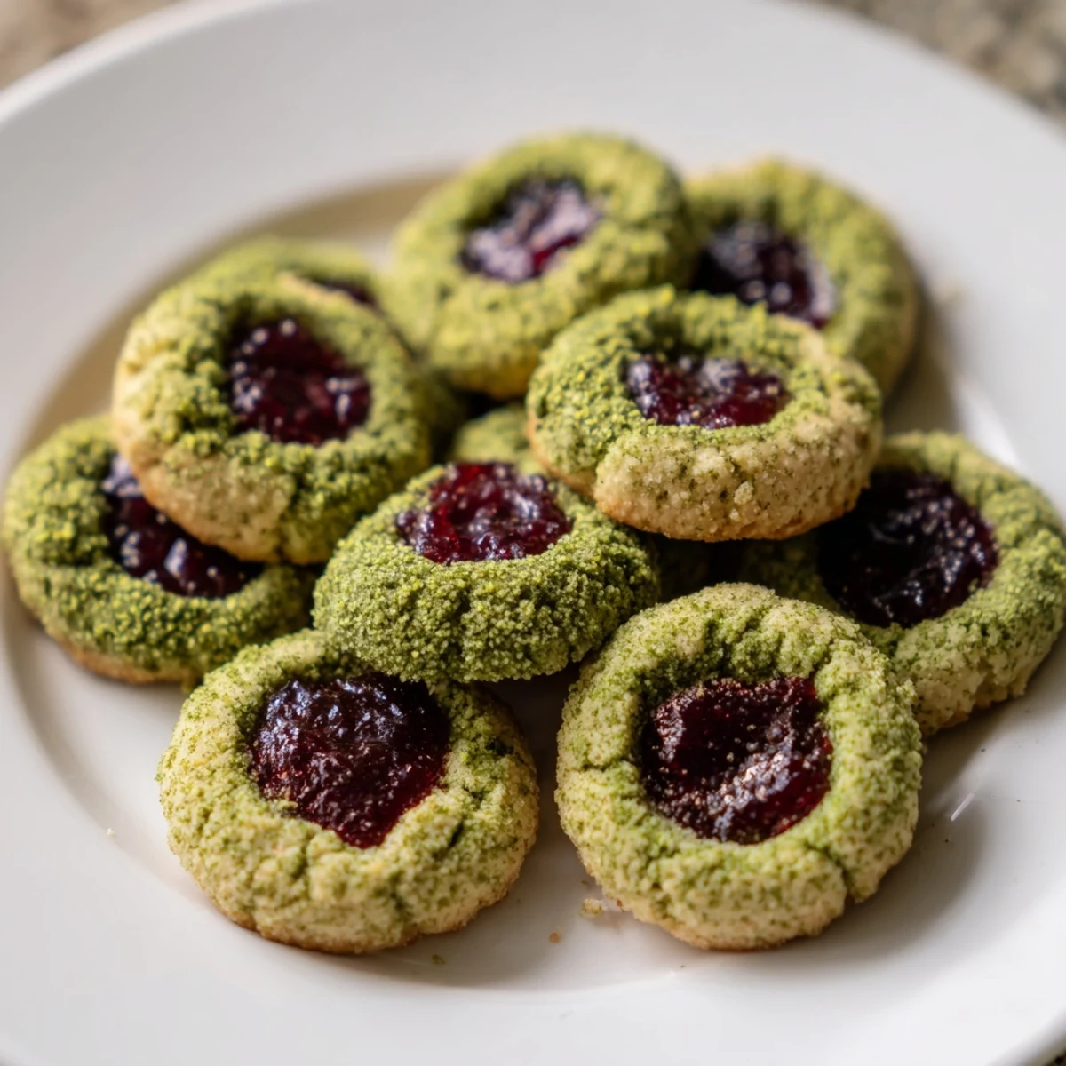 Golden-edged Matcha Cranberry Shortbread Thumbprint Cookies, showing vibrant red cranberry filling and dusted with powdered sugar.