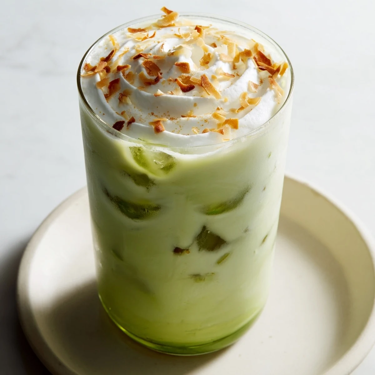 Steaming, creamy Toasted Coconut Gingerbread Iced Matcha with whipped cream, ready to refresh.