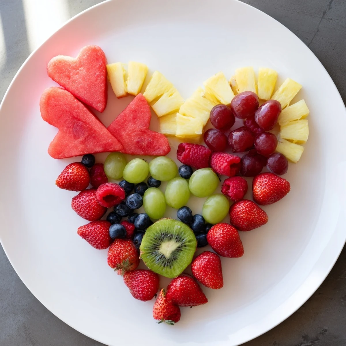Vibrant Sweetheart Fruit Board: A beautifully arranged heart-shaped platter filled with juicy, colorful fruits.