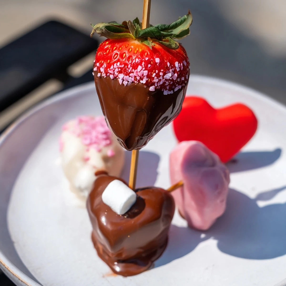 Festive Cupid's Arrow Candy Tray, showcasing heart candies and chocolate-covered strawberries, perfect for Valentine's sweetness.