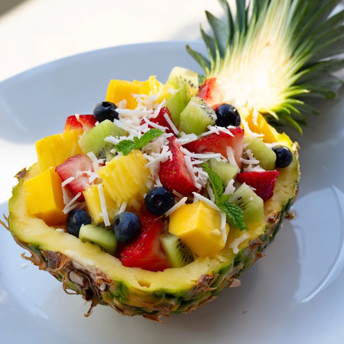 Vibrant Tropical Bliss Pineapple Fruit Boats overflowing with colorful, fresh summer fruit in a carved pineapple.